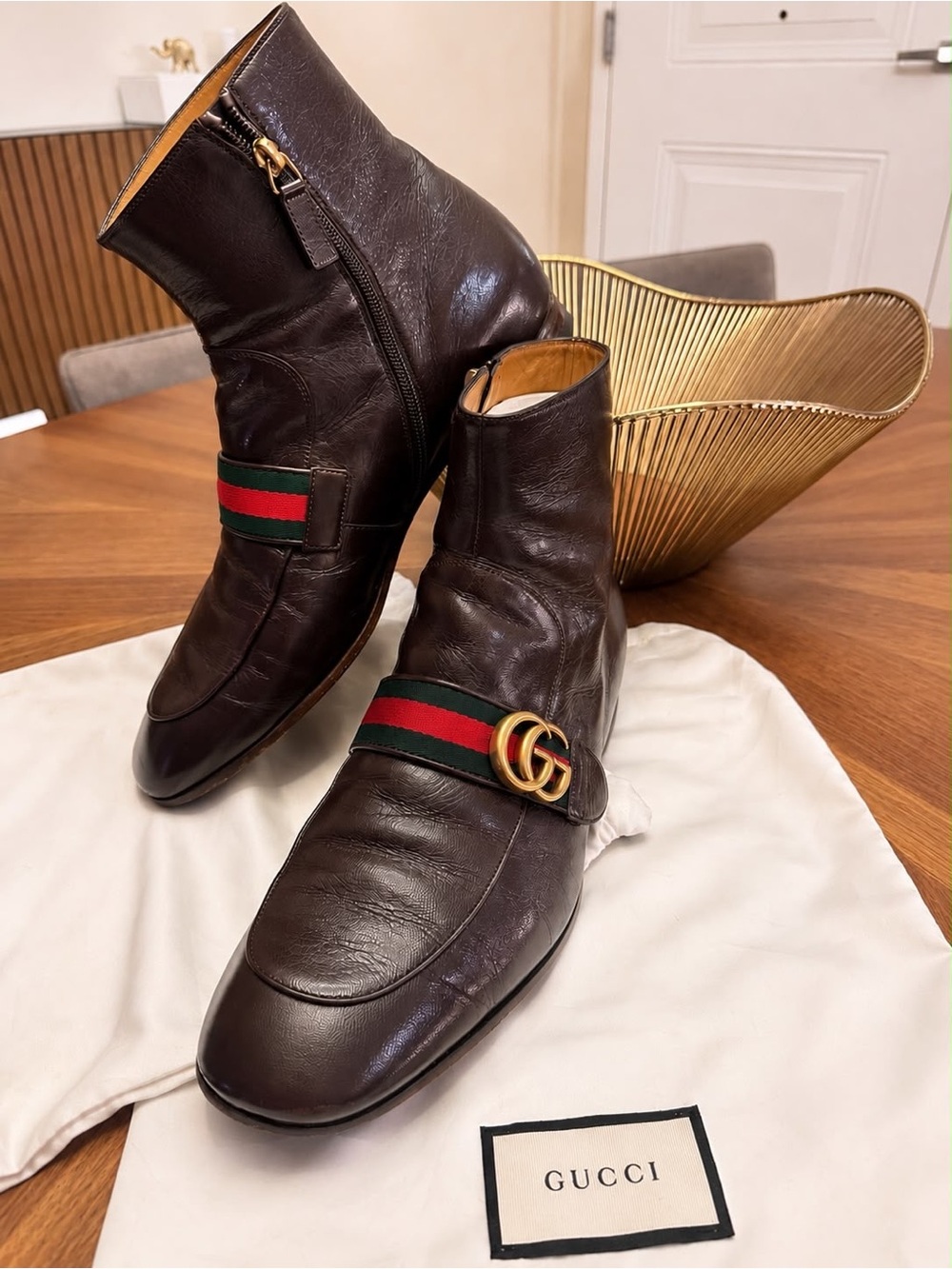 Gucci Brown Leather Men’s Ankle Chukka Boots with Green-Red Web & Gold Double G. - Picture 2 of 9